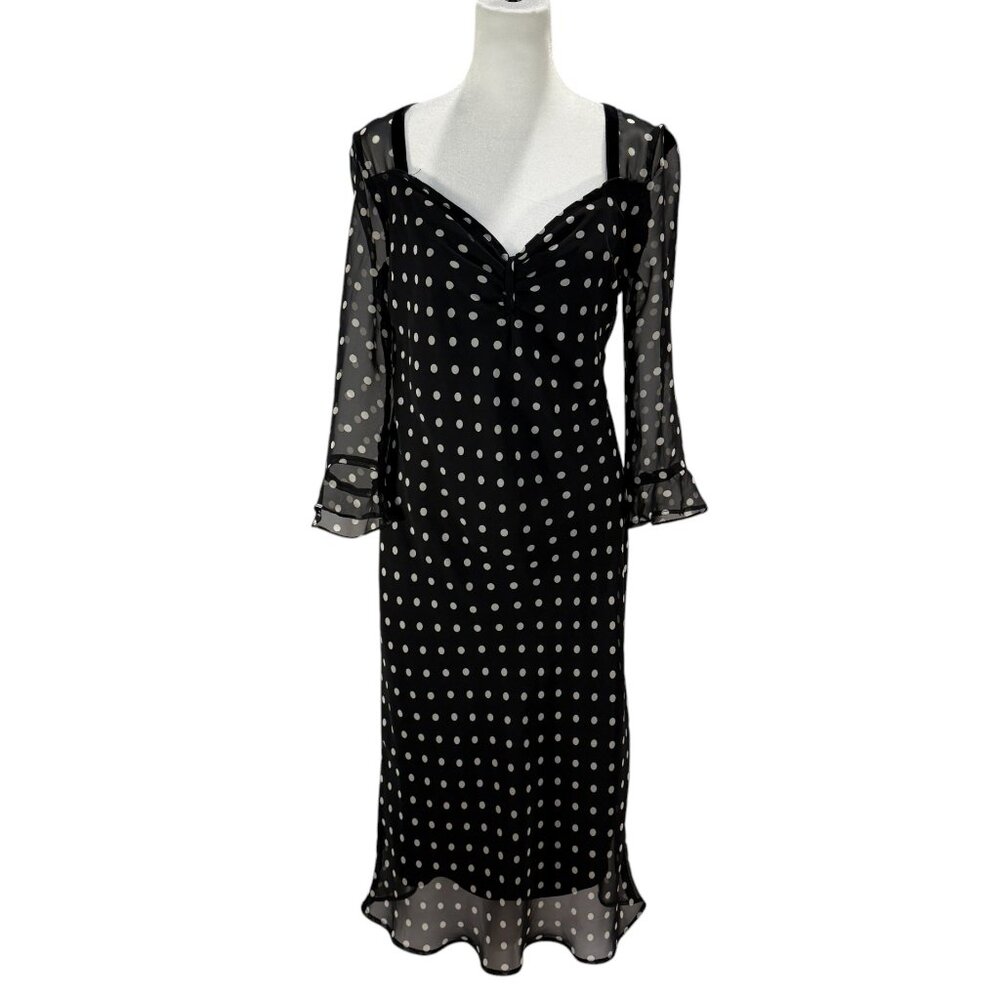 Vintage Black & White Polka Dot Midi Dress | Sheer Long Sleeve Retro Cocktail